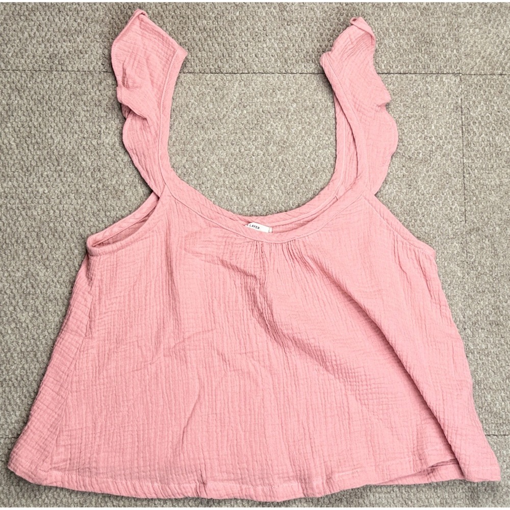 Marine Layer Women's Jude Flutter Sleeve Crepe Knit Rosette Pink Tank Top Size L